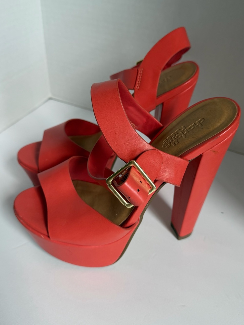 Charlotte Russe Coral-Red Platform Heel Sandals with Buckle